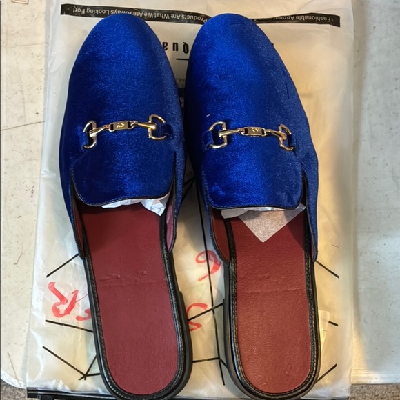 Royal Blue Velvet Slip-On Mules with Gold Detail - Picture 1 of 4